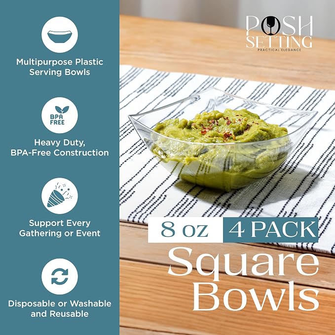 4 Pack Disposable Clear Plastic Party Bowls, Glitter Gold Serving Bowls | Square Design. Disposable Party Tableware. Salad, Fruit & Candy Use. Candy Buffet Containers. Clear Plastic.