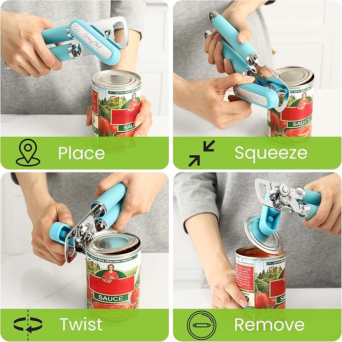 Spring Chef Stainless Steel Manual Can Opener w/Soft Grip Handle, Aqua Sky | Heavy Duty Hand Can Opener for Seniors with Smooth Edge, Easy Turn, 3in1 Can Opener with Magnetic Lid Remover & Bottle Opener