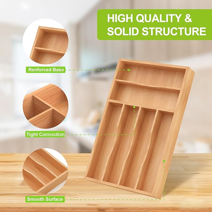 Unibambou Bamboo Kitchen Silverware Organizer with Removable Divider | 5/6 slots flexible, Medium kitchen drawer cutlery organizer, Utensil holder, Flatware organizer tray, 9.8"W x 15.9"D x 1.6"H