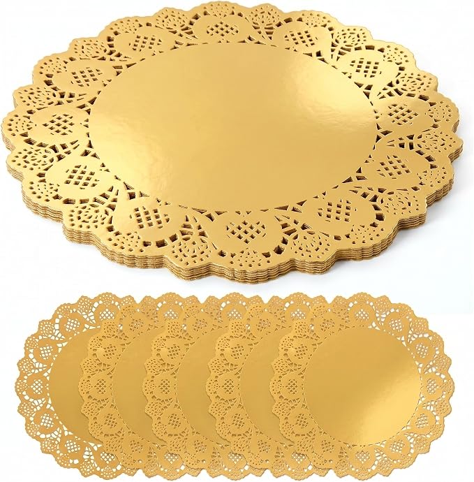 100 Pack 13.5 Inch Round Gold Paper Doilies, Disposable Lace Placemat | Rustic Scallop Foil Doily Table Pads, Heavy-Duty Paper Place Mats for Cakes, Crafts, Parties, Weddings, Buffet, Home Decor