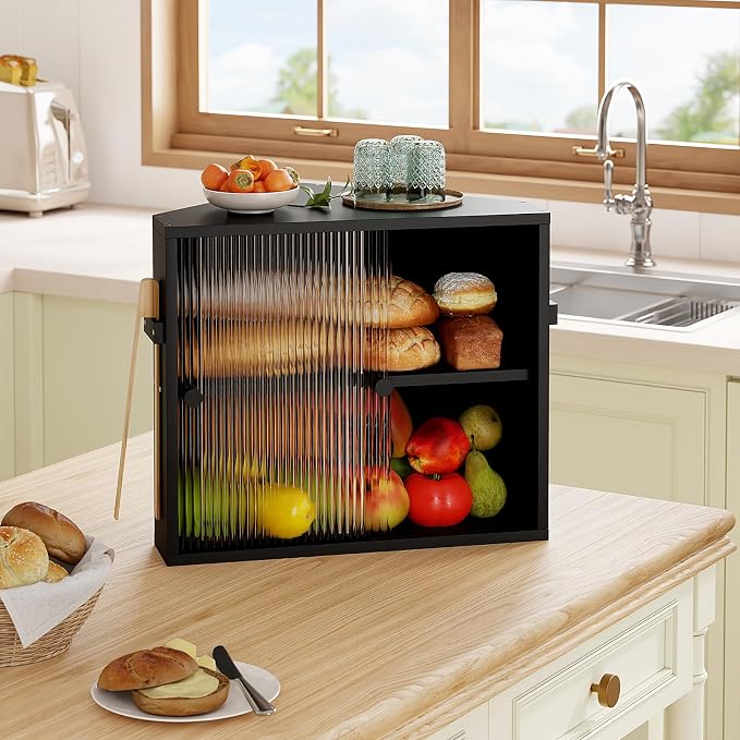 Corner Bread Box with Sliding Acrylic Doors, Double Layer Bread Bin | Bread Box for Kitchen Countertop, Bamboo Bread Storage Container, Large Capacity Vintage Farmhouse, Black, Meduim