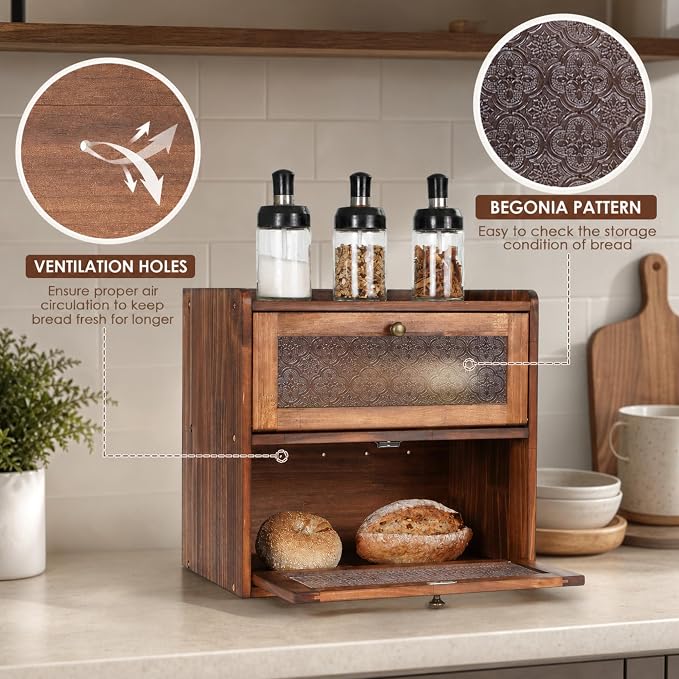 Sunhoo Bread Box for Kitchen Countertop, Large Pine Wood Breadbox, Brown | Farmhouse Pantry Container, Double Layer Storage, Fresh Homemade Sourdough Bin, Vintage Textured Acrylic Door, Easy Assembly