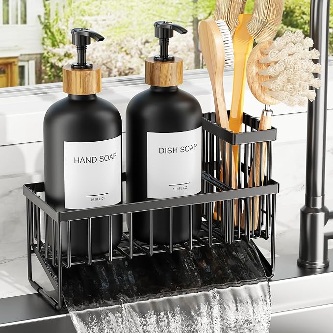 Cisily Kitchen Dish Soap Dispenser Set with 2 Pack 16.9oz Amber Glass Bottle and Sponge Holder, Dish Soap Dispensers with Adjustable Sponge Holder, Vintage Hand and Dish Soap Dispensers Set