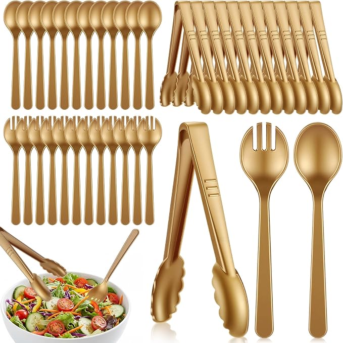 FoldTier 36 Pcs Disposable Plastic Serving Utensils Set Gold Serving Spoons Forks Tongs, Disposable Utensils for Party Weddings Birthday Dinner Buffets Banquets