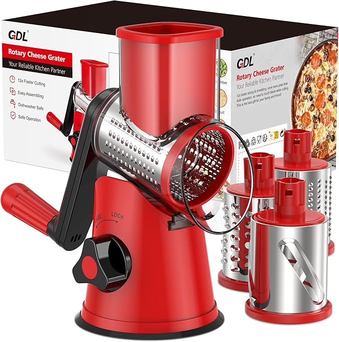 GDL Cheese Grater Hand Crank, Rotary Cheese shredder, Vegetable Slicer | 3 Stainless Steel Blades, 12x Fast Cutting, Non-slip Suction Base, No BPA, Dishwasher Safe, Easy Use for Cheese, Veggies, Nut