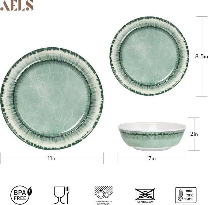 Melamine Dinnerware Set of 12 Pcs Dinner Dishes Set for Indoor and Outdoor Use, Dishwasher Safe, Lightweight Unbreakable, BPA Free, Sage Green