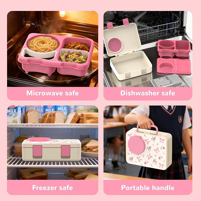Kids Insulated Lunch Box with 8OZ Thermo Food Jar | Leakproof Bento Box with Ice Pack Sauce Cup Utensils Removable Tray & Dividers for School Daycare Travel, Floral Bows