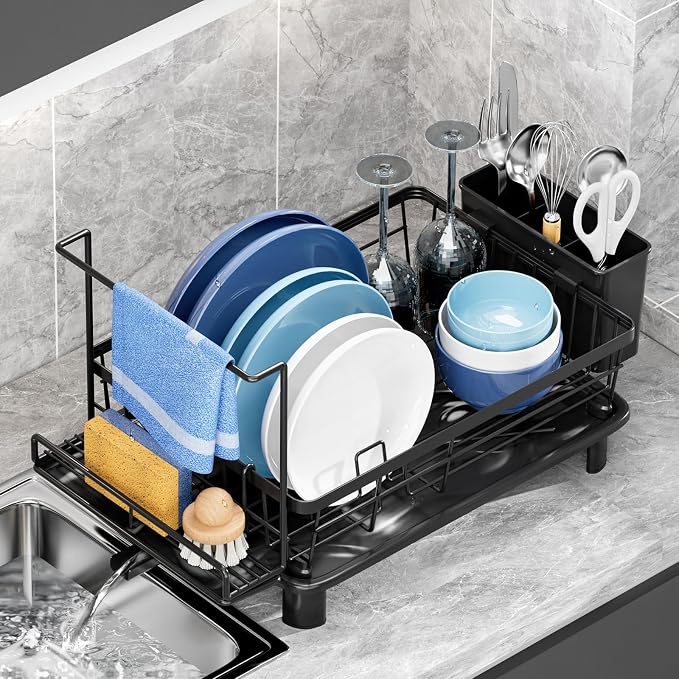 Dish Drying Rack, Stainless Steel-Dish Rack, (Black2 with Sponge Rack ) | Dish Racks for Kitchen Counter, Kitchen Dish Drainers with Removable Utensil Holder,New drain outlet,