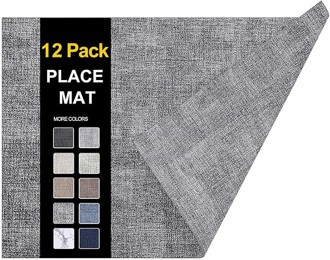 Faux Leather Heat Resistant Placemats 12 Packs, Waterproof Wipeable Dining PU Place Mats for Indoor & Outdoor, Easy to Clean, Smokey Grey