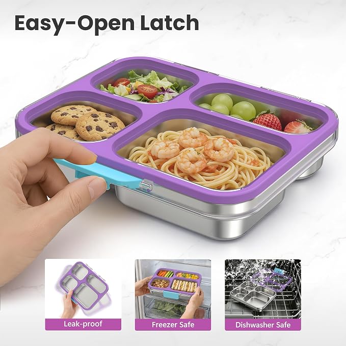 HOMEKOL Stainless Steel Bento Lunch Box, 4 Cups, Purple | 4-Compartment Leak-Proof Metal Lunch Container for Kids & Adults, BPA/BPS-Free, Dishwasher Safe, Clear Lid, (Not Insulated)