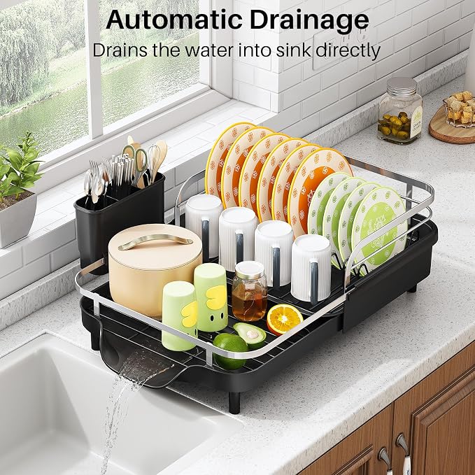 SAYZH Expandable Dish Drying Rack for Small Kitchen Counter, Black | Stainless Steel, Protective Guardrail, Angled Drainboard, Fits High-Rim Sinks, Removable Utensil Holder