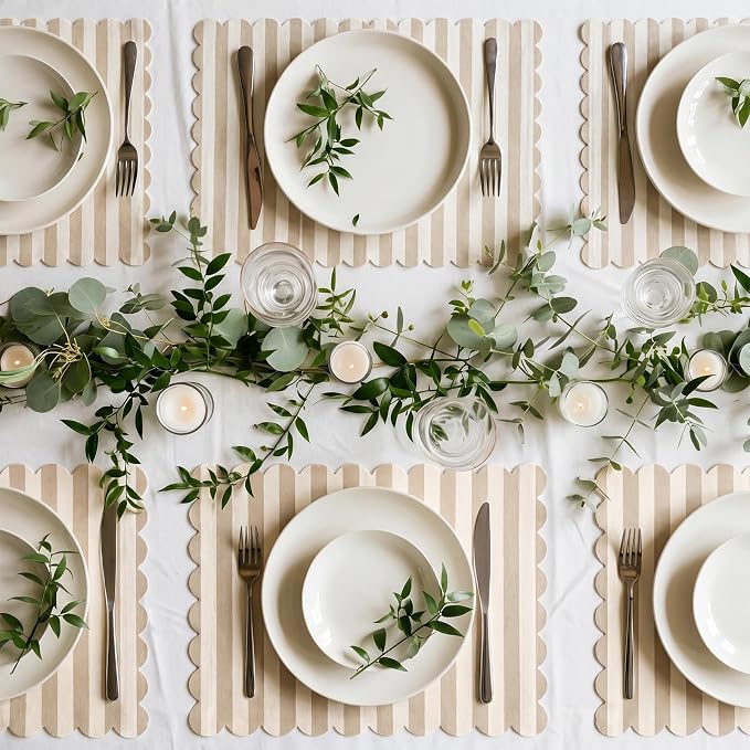 100 Pcs Beige White Stripes Place Mats Farmhouse Scalloped Dusty Scalloped Checkered Placemats Disposable Striped Place Mats for Wedding Bridal Shower Picnic Banquet Home Table