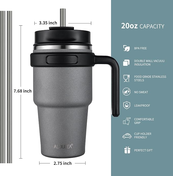 20 oz Insulated Travel Coffee Mug Tumbler with Handle and Straw | Leakproof Stainless Steel Coffee Cup with Lid, Double Wall Vacuum Ice Thermal Cup, Gray