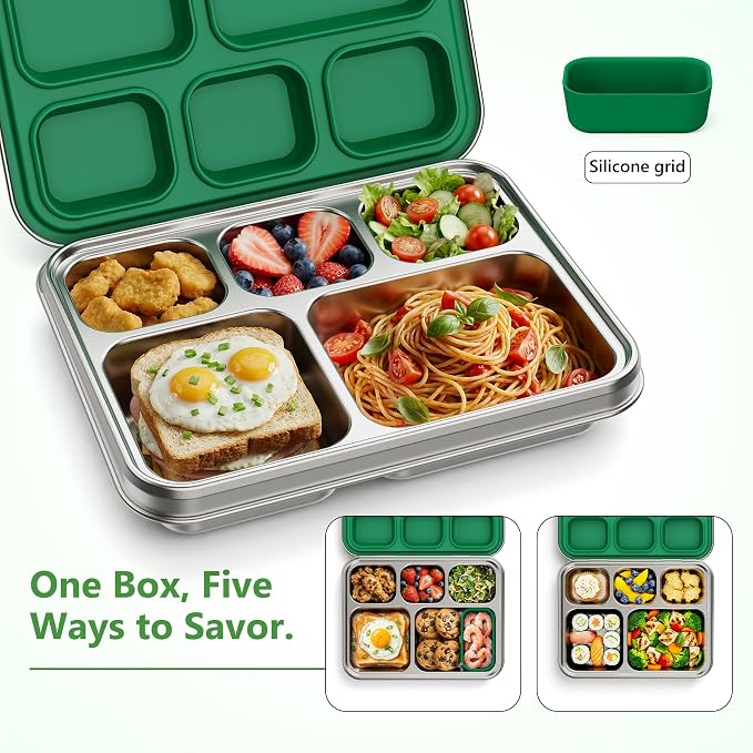 Pawtong Stainless Steel Lunch Box, 5-Compartment Bento Lunch Box for Kids & Adults,Metal Lunch Box with Removable Silicone Container, Lunch Box Containers for School,Office(Green)