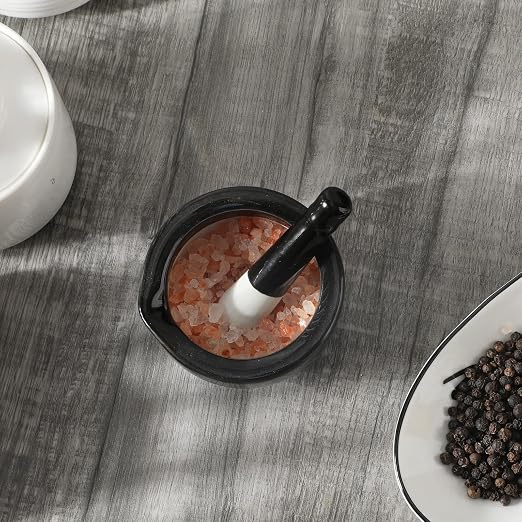 Mortar and Pestle Set (3.2 Inch-Black) | Ceramic stoneware, sturdy, multi-purpose, spice/herb/pill, easy-clean, non-slip, comfy, dishwasher-safe, compact, elegant