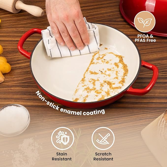 Enamelled Cast Iron Dutch Oven Pot – Dutch Oven For Sourdough Bread Baking – Cast Iron Bread Pot – Red, 6 Quarts, 26cm – by Nuovva