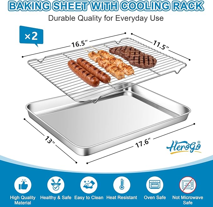 Herogo Stainless Steel Half Sheet Baking Pan with Rack Set(2 Pans + 2 Racks), 18" x 13" x 1" Large Baking Tray with Cooling Rack Set for Oven Roasting, Rust & Warp Resistant & Nonstick