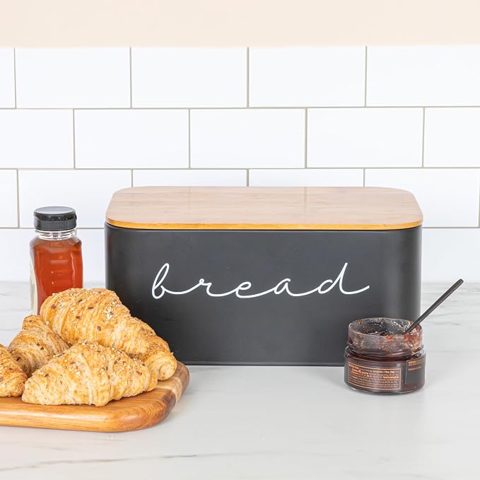 Bloomingville Metal bread Bin with Bamboo Lid, Black (Pack of 3)