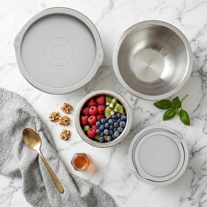 18/8 Stainless Steel Mixing Bowls Set with Lids,1.5,3 & 5 Qt,Blue | Non-Slip Silicone Base & Measurement Marks, Airtight Food Storage for Baking, Cooking & Meal Prep，Nesting Design