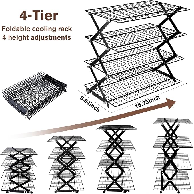 4 Tier Cooling Rack, Adjustable Collapsible Stainless Steel Baking Rack | Tight-Mesh X-Frame Stand for Cookies, Bread, Cakes, Pastries and Meal Prep