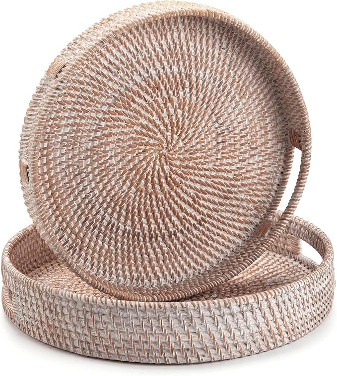 2 Pack Round Rattan Tray, Hand Woven Serving Tray with Handles, Wicker Serving Basket, Decorative Tray for Home Decor, Whitewash (11.8 + 14 inch)