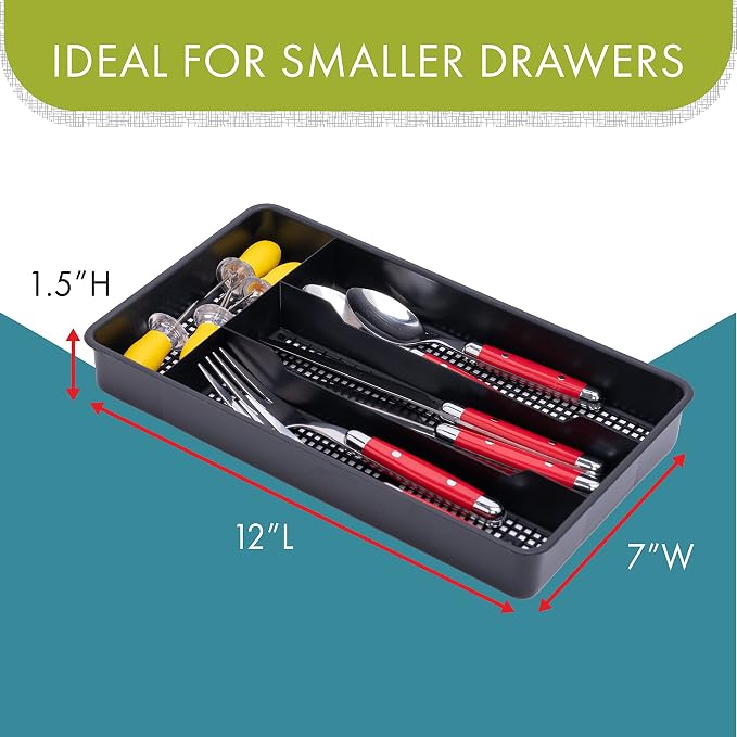 Dial Industries Small Utensil Silverware Kitchen Drawer Organizer, Black | Keeps forks, spoons and flatware neatly separated, Compact fit for shallow drawers, Great for RVs, campers or everyday use