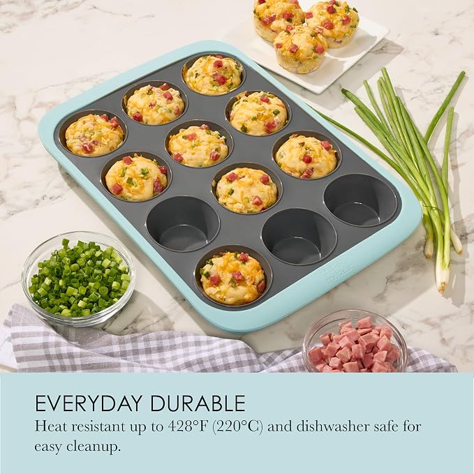 Chicago Metallic 12-Cup Silicone Muffin Pan, Blue - Nonstick Cupcake Baking Pan with Wire-Reinforced Rim, Oven Safe to 428F, Dishwasher Safe, 14.6 x 10.43 Inches