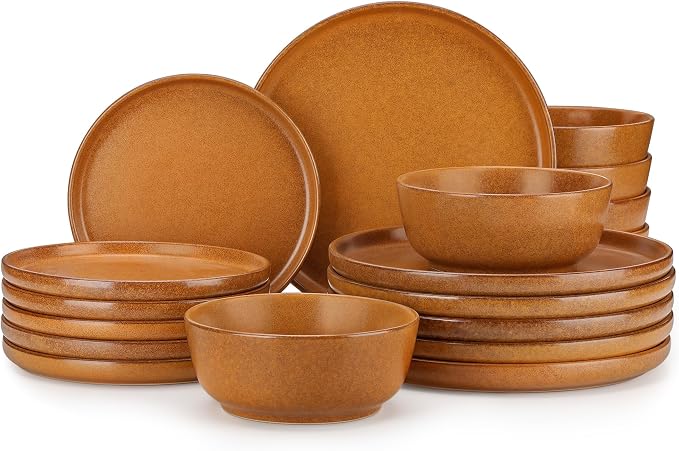 vancasso ZERMATT 18 Pieces Stoneware Dinnerware, Plates and Bowls Set for 6 | Dinnerware Set for 6 in Caramel Yellow Reactive Glaze Stoneware, Plates and Bowls, Microwave and Dishwasher Safe