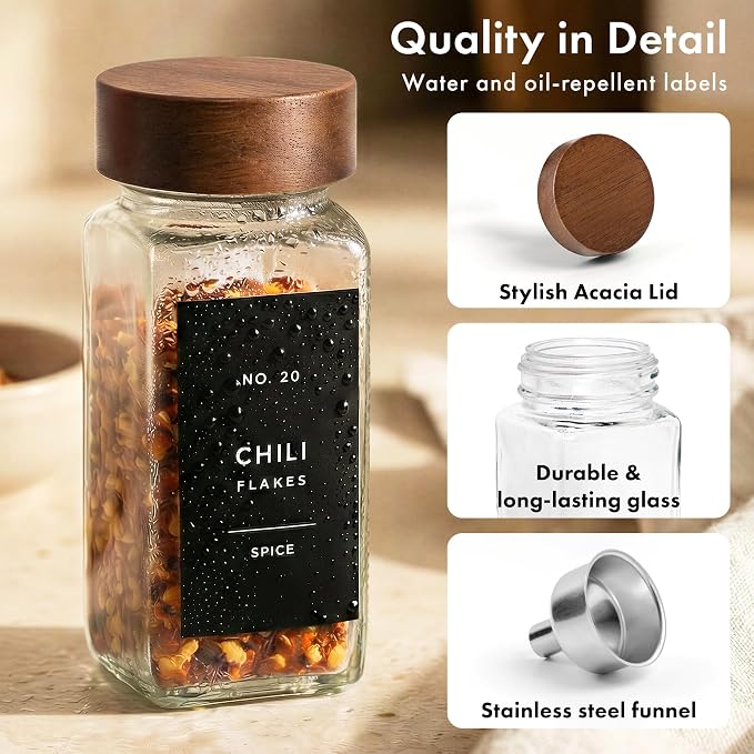 Glass Spice Jars with Label, 24x Acacia Wooden Lids - Black Labels | Airtight Lids keep spices fresh, Kitchen Spice Drawer Organizer, 4oz Seasoning Containers incl. Funnel, Brush & 240 Labels