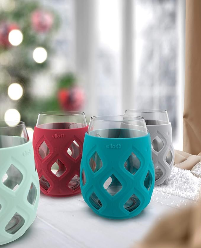 Ello Cru 17oz Stemless Wine Glass Set with Protective Silicone Sleeves, 4 Pack Cocktail Glass Perfect for Summer Patios, Parties, Holiday Gifting Her or Him, Dishwasher Safe, Holiday Jewels