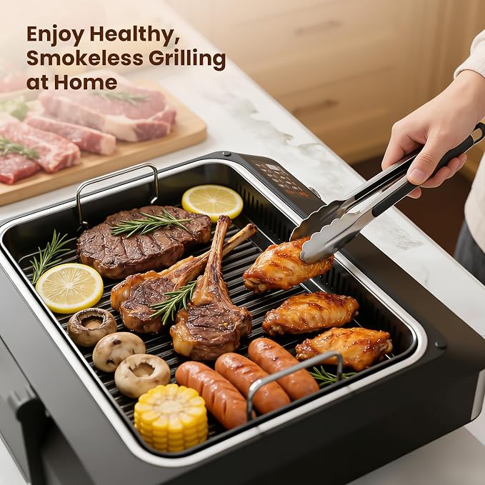 Kismile 2-in-1 Smokeless Electric Grill,Digital Display,Meat Probe,Nonstick | Indoor Grill and Griddle Combo,Dishwasher Safety,Temperature Control for Steak, Pancakes, Bacon