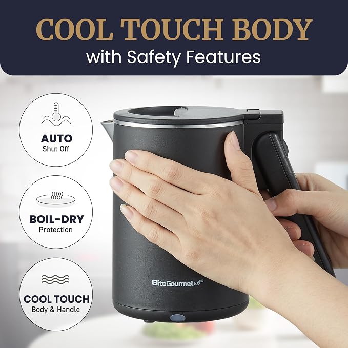 Elite Gourmet Dual-Voltage Travel Kettle, 0.6L Stainless Steel, Black | 120-230V, Cool-Touch Double Wall Insulated, Hinged-Locking Lid, Auto Shut-Off & Boil-Dry Protection