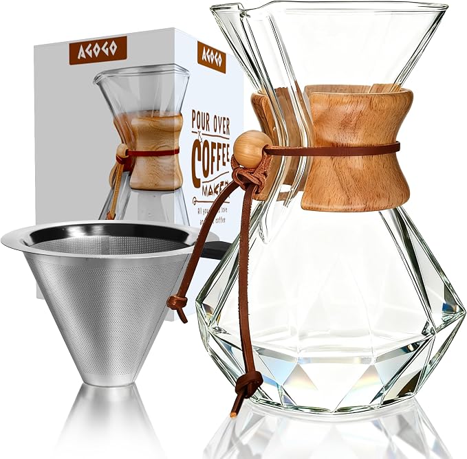 AGOGO Pour Over Coffee Maker Set, 28oz Diamond Style, 304 Stainless Filter | Barista kit for home kitchen, Cafe, Camping & Office; 20oz-40oz Classic, Slim, Diamond styles; Includes brush & towel.