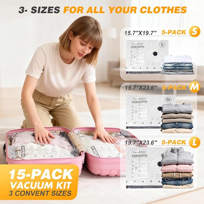 Vacuum Bags for Travel with Rechargeable Pump, 15 Pack Compression Packing Bags with 35KPA Electric Pump, 80% Space Saver for Clothes, Vacuum Seal Bags fo Carry-on Luggage Suitcase