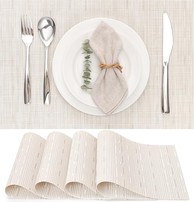 Myir JUN Placemats Set of 6 Kitchen and Dining Table Placemats | Vinyl Placemats Place Mats Indoor/Outdoor Set of 6 Washable Table Mats Non-Slip Place mats for Dining Table, Off White