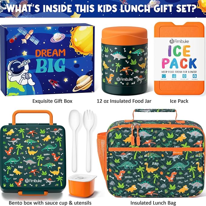 Fimibuke Kids Bento Snack Lunch Box with Thermo Insulated Toddler Lunch Bag | Lunch Box Kids with 4 Compartment, Food Jar, Ice Pack, Utensils, Birthday Gifts for Ages 3-12 Back to School Toddler Girl Boy