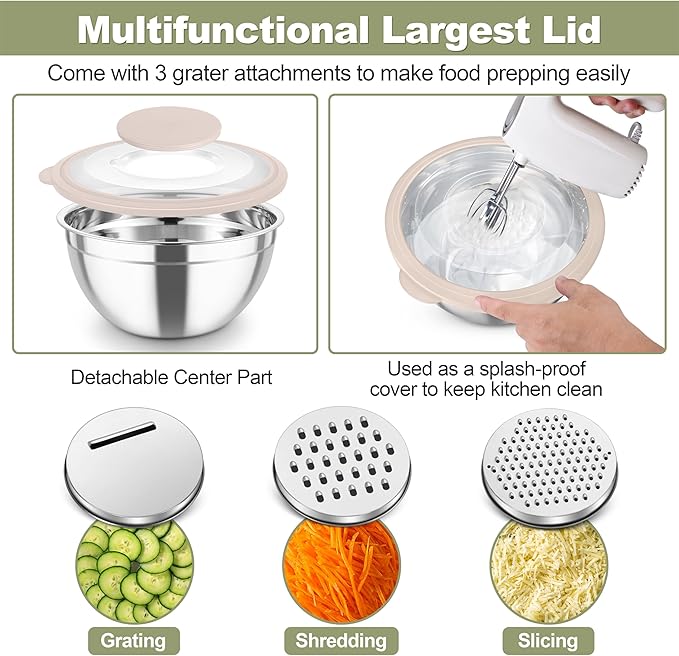 TeamFar Mixing Bowls, Stainless Steel Salad Serving Bowl with Clear Lids | with 3 Graters, For Kitchen Cooking Prepping Storing, Size 4.6/2.6/1.5/1/0.7 QT, Nesting & Airtight, Set of 5 & Khaki