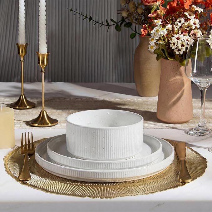 E-far Stoneware Dinnerware Sets for 2, 6-Piece Plates and Bowls Sets, White | Plate Set for 2, Chip & Scratch Resistant Ribbed Dish Set for Home Restaurant, Microwave & Dishwasher Safe, Speckled White