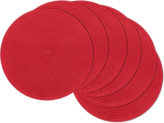 SHACOS 15 inch Round Placemats Set of 6 Braided Non Slip Washable Place Mats for Dining Tables Kitchen Table Mats Home Wedding Party Decor (Red, 6)