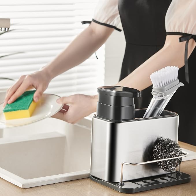 LIBODOUR 3-in-1 Kitchen Sink Caddy,Dish Soap Dispenser with Sponge Holder | Stainless Steel Dish Brush Scrubber with Sponge Holder for Kitchen & Bathroom