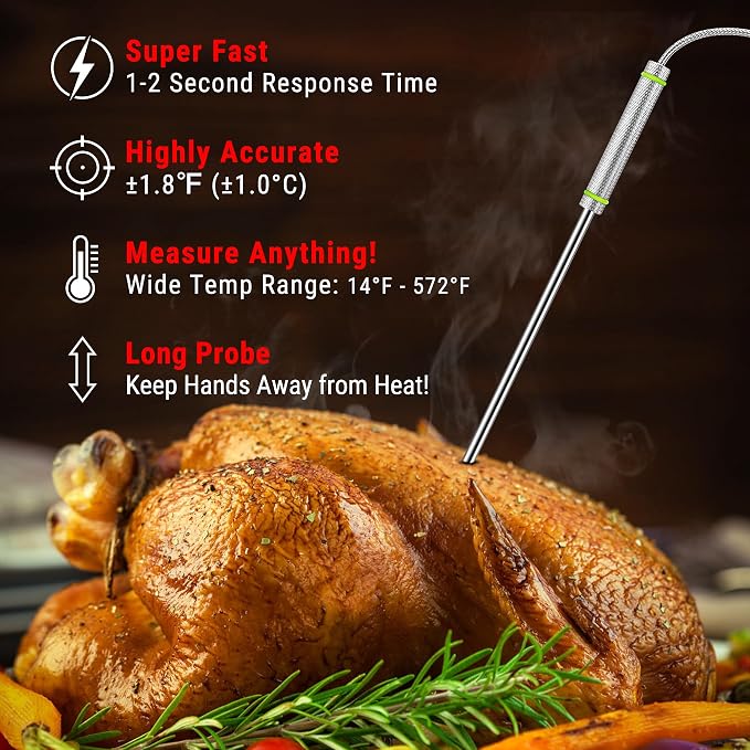 TempPro TempTrack Digital Meat Thermometer with 4 Temperature Probes | HI/Low Alarm Smoker Food Thermometer with Colored Backlit LCD, BBQ Thermometer for Cooking Grill Kitchen Oven
