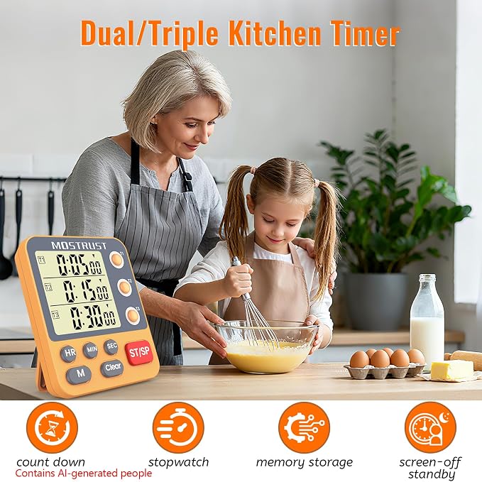Digital Dual Kitchen Timer, Multiple Channels Countdown Timer | 3-Groups Triple Timer with Magnet-Back Memory-Preset Large Display Adjustable Volume, 3A Battery Included, Ideal for Cooking