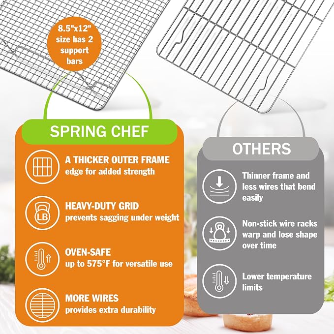 Spring Chef 8.5" x 12" Stainless Steel Cooling Rack for Baking, Set of 2 | Heavy Duty Oven Rack for Kitchen, Oven Safe Wire Rack for Baking, Fits Small Quarter Sheet Pan, Dishwasher Safe