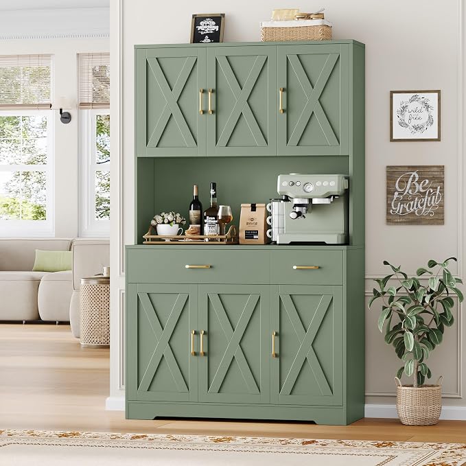 HOSTACK 71"H Kitchen Pantry Storage Cabinet, Farmhouse Hutch Cabinet, Green | Space-Saving Pantry Cabinet with Charging Station & 2 Large Drawers & Adjustable Shelves, Tall Kitchen Hutch, Dining Room