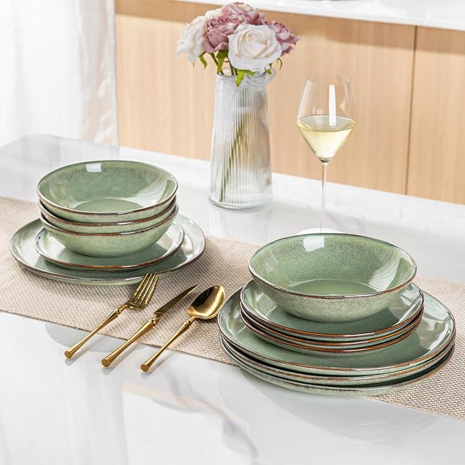 AmorArc Ceramic Dinnerware Sets for 4, 12Pcs Plates and Bowls Sets Dishes | Stoneware Handmade Reactive Glaze Dinner Set, Highly Scratch Resistant | Dishwasher & Microwave Safe Dishware