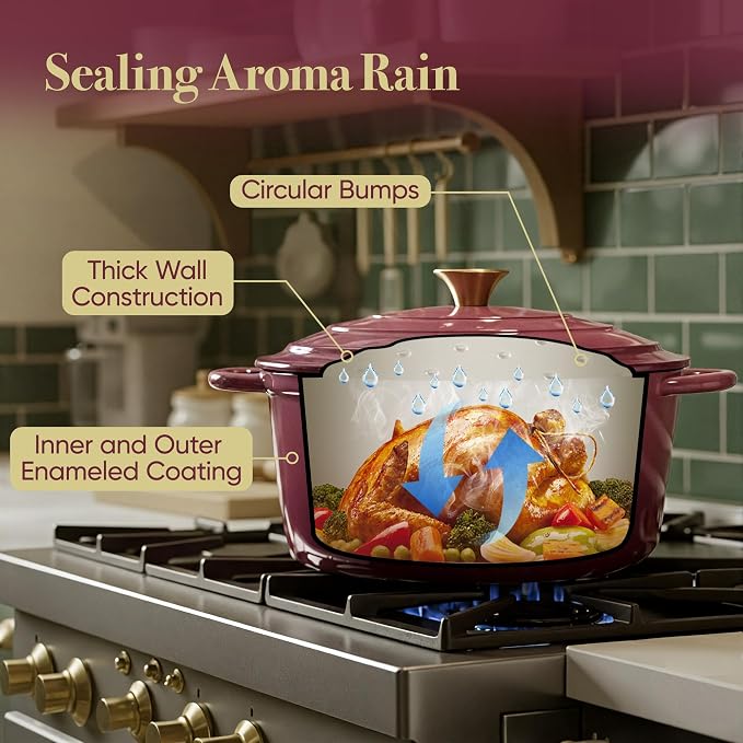Vintage Style Oval Dutch Oven for Bread Baking, 4.5 Quart Non Stick Enameled Cast Iron Dutch Oven Pot with Lid, Oven Safe Oval Casserole with Lid up to 500°F for Baking, Braising, Stews, Roasting, Rose
