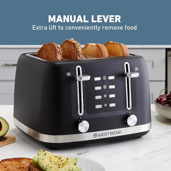 West Bend Toaster 4-Slice Extra-Wide and Deep Slots with 3 Functions and 7 Shade Settings Manual Toast Lift Lever Auto Shut-Off and Removable Crumb Tray, 1500-Watts, Black