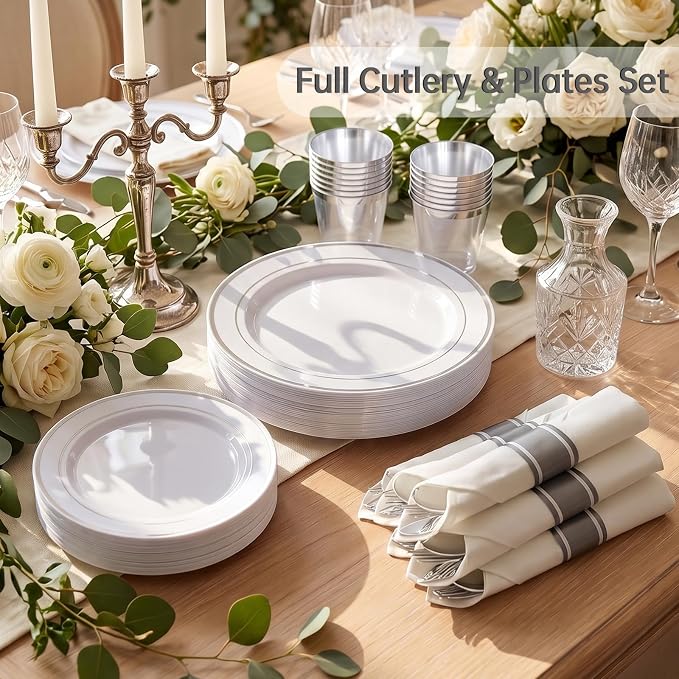 DaYammi 350PCS Silver Plastic Dinnerware Set for 50 Guests, Fancy Disposable Plates for Party, Include: 50 Dinner Plates, 50 Dessert Plates, 50 Pre Rolled Napkins with Silver Silverware, 50 Cups
