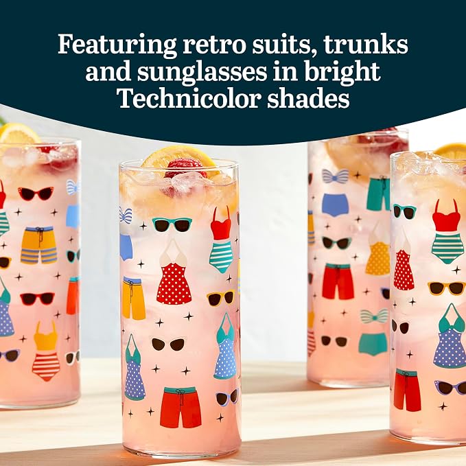 Libbey Vintage Swim Drinking Glasses Set of 4, Colorful, Retro Swimsuits Design Glass Cups Set, Dishwasher Safe Water Glasses Set for Cocktails