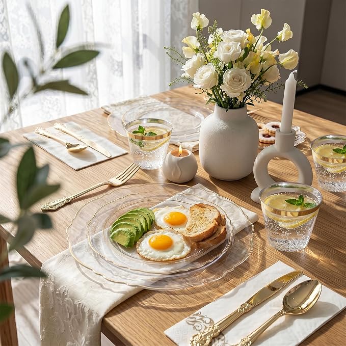 KIRE 210Pcs Clear Plastic Plates with Gold Rim for Wedding/Party | Include 60pcs Clear and Gold Plates, 30pcs Plastic Silverware, 30pcs Napkins and 30pcs Cups Serve 30 Guest